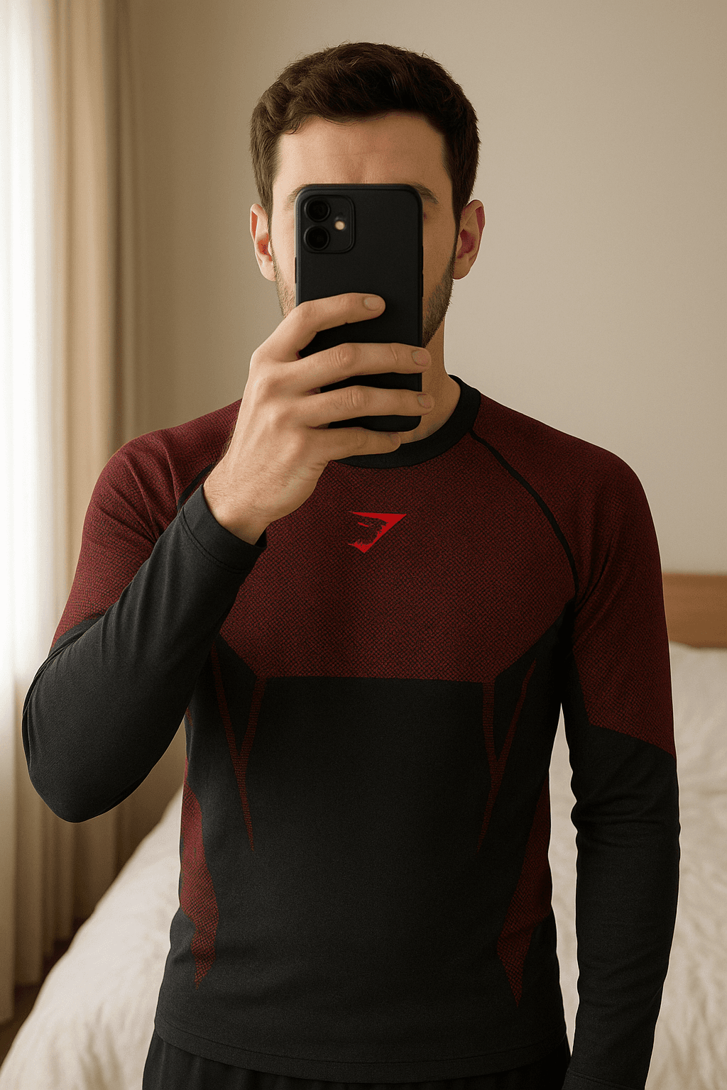Gymshark Onyx 5.0 Seamless Long Sleeve Black/Carmine Red S aufrecht stehend, der Kamera zugewandt, in einem sanft beleuchteten Schlafzimmer, mit natürlichem Licht, das durch ein Fenster fällt.