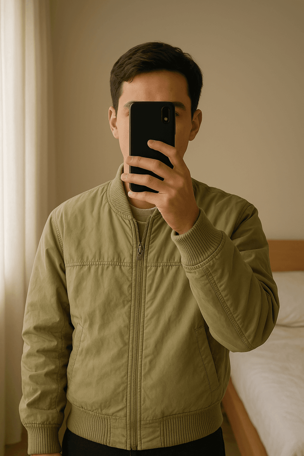 Vintage Bomberjacke | von meinem Opa | beige | Größe 52/Xl aufrecht stehend, der Kamera zugewandt, in einem sanft beleuchteten Schlafzimmer, mit natürlichem Licht, das durch ein Fenster fällt.