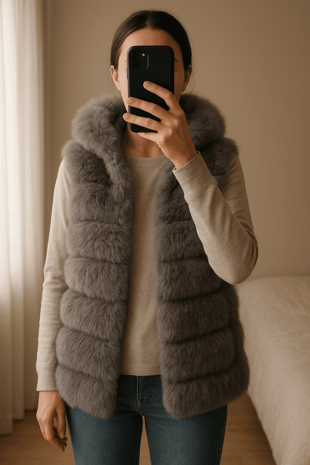 Pelliccia in piedi, rivolto verso la fotocamera, in una camera da letto con luce soffusa e luce naturale che filtra dalla finestra.