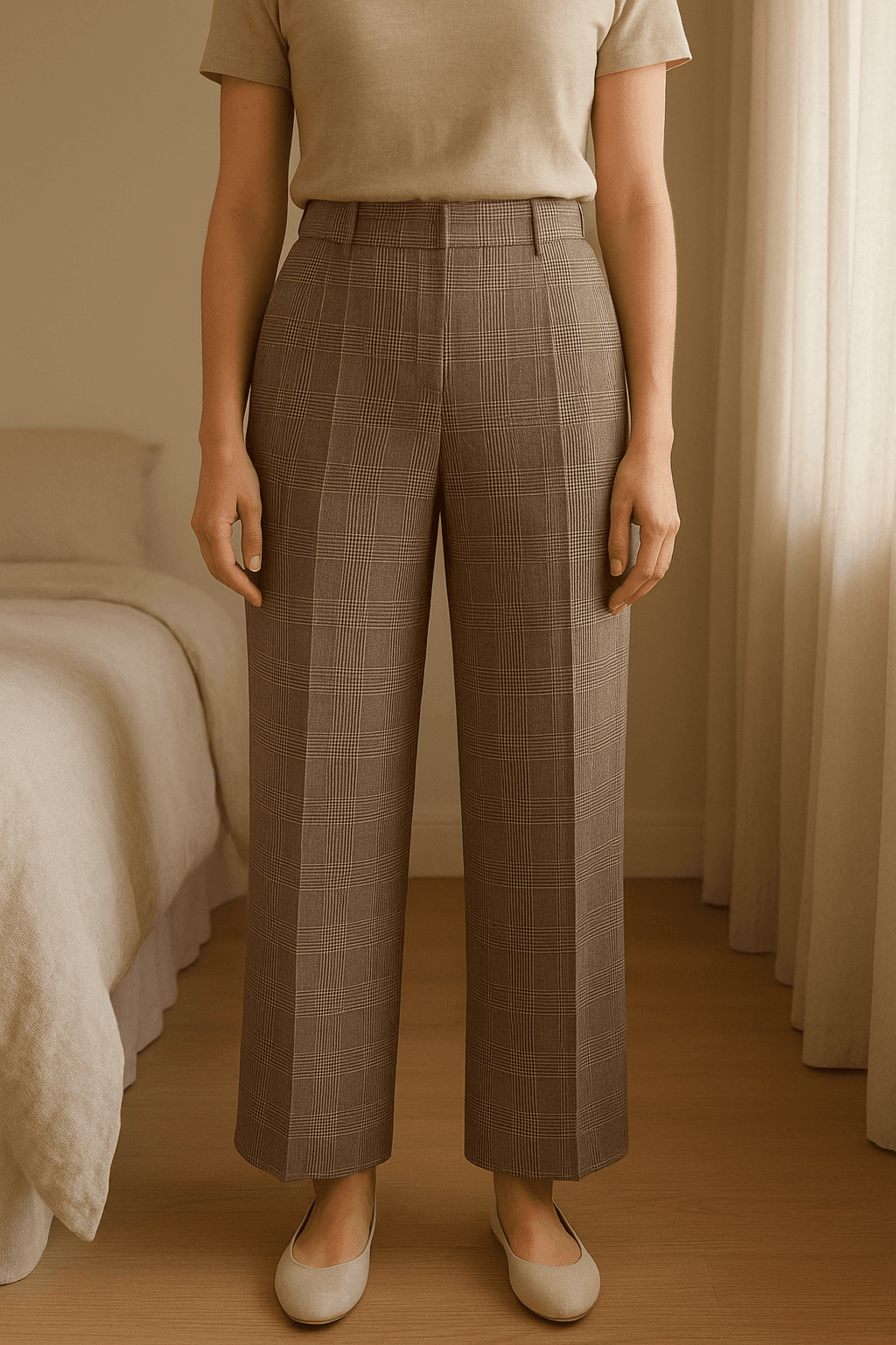 Pantalone classici Koan in lana e fantasia Principe di Galles size 44 in piedi, rivolto verso la fotocamera, in una camera da letto con luce soffusa e luce naturale che filtra dalla finestra.