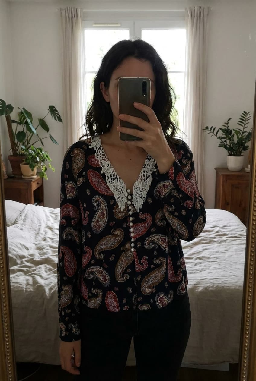 Superbe chemise vintage debout, face à la caméra, dans une chambre à la lumière douce, avec une lumière naturelle filtrant par la fenêtre.