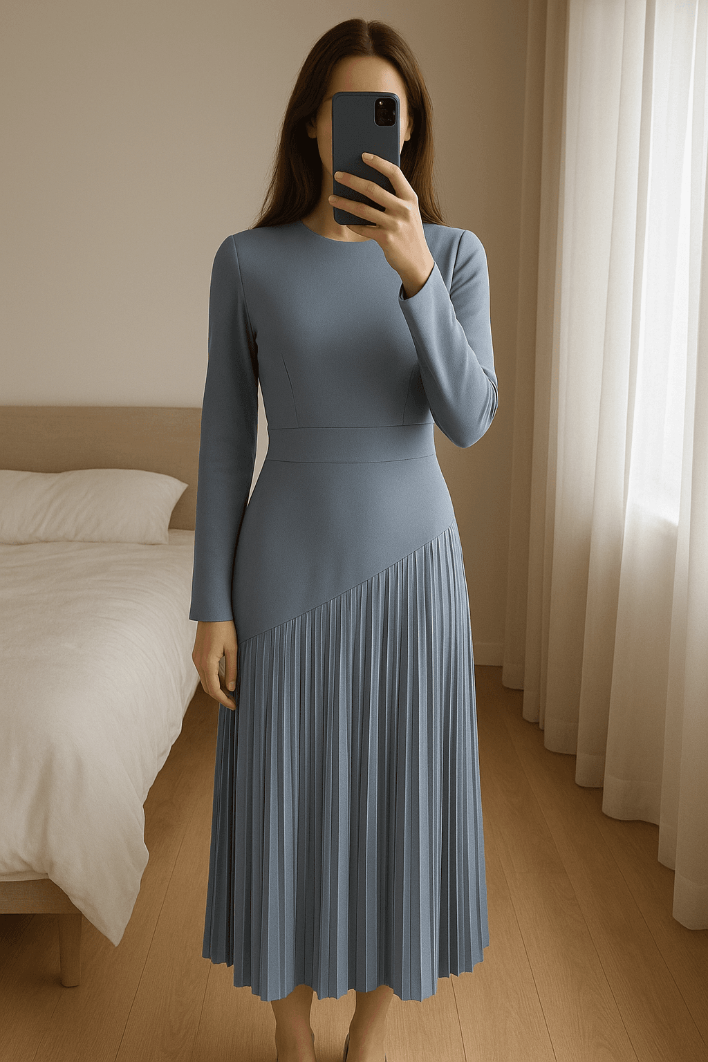 Asos Kleid aufrecht stehend, der Kamera zugewandt, in einem sanft beleuchteten Schlafzimmer, mit natürlichem Licht, das durch ein Fenster fällt.