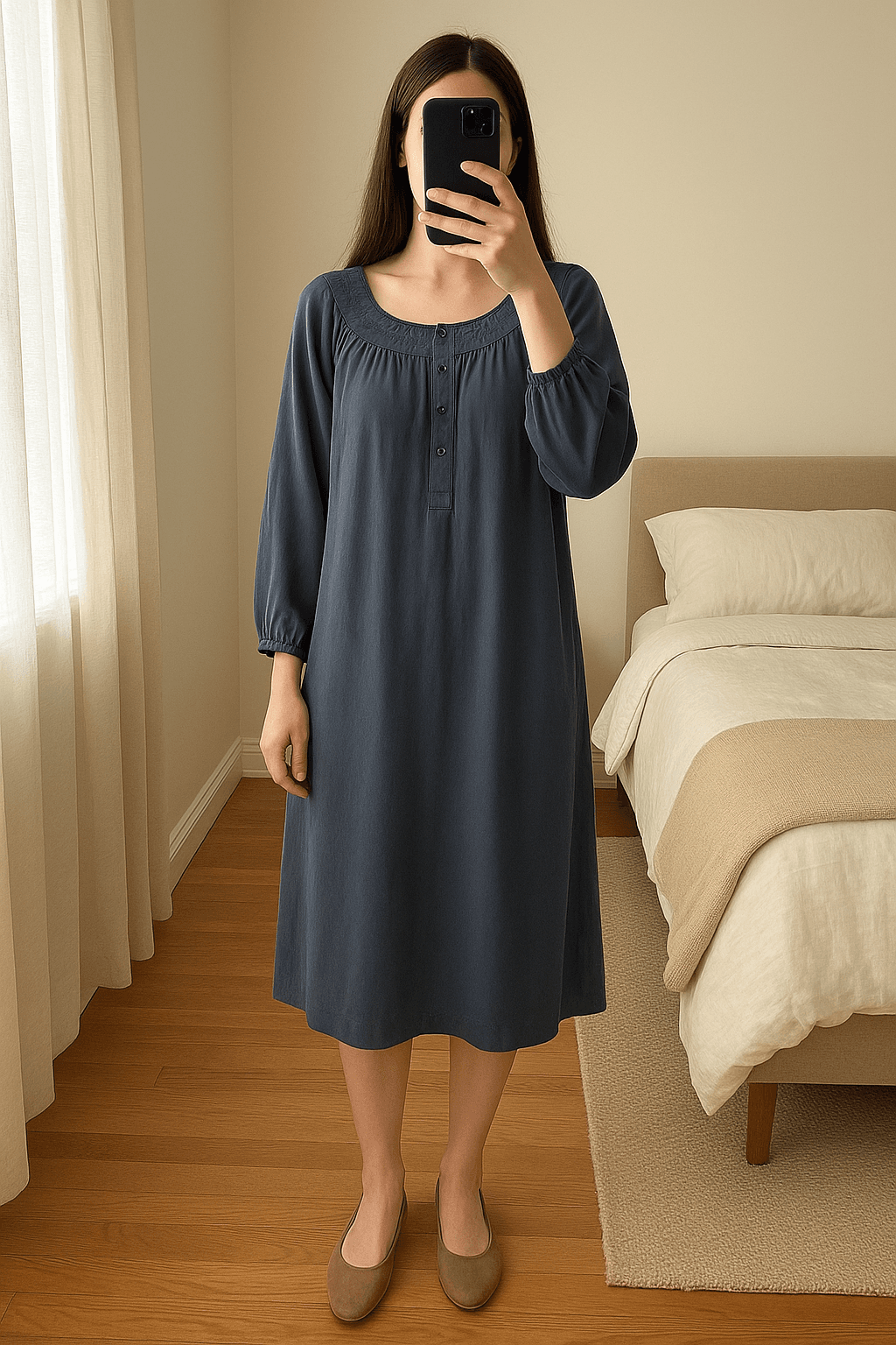 Thomas Burberry Authentic Slate Grey Tunic Smock Dress - Size Small standing straight facing the camera, in a softly lit bedroom setting, with gentle natural light filtering through a window.