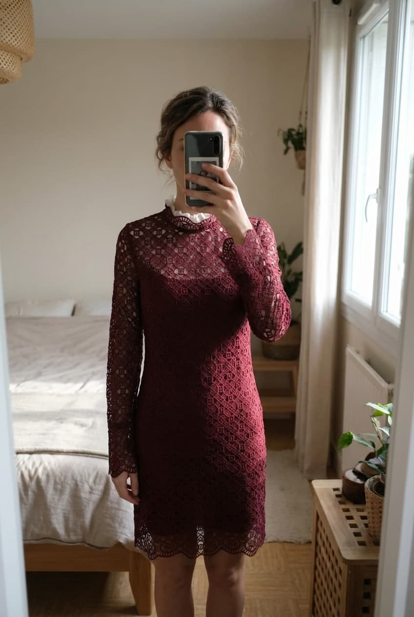 Sublime robe debout, face à la caméra, dans une chambre à la lumière douce, avec une lumière naturelle filtrant par la fenêtre.