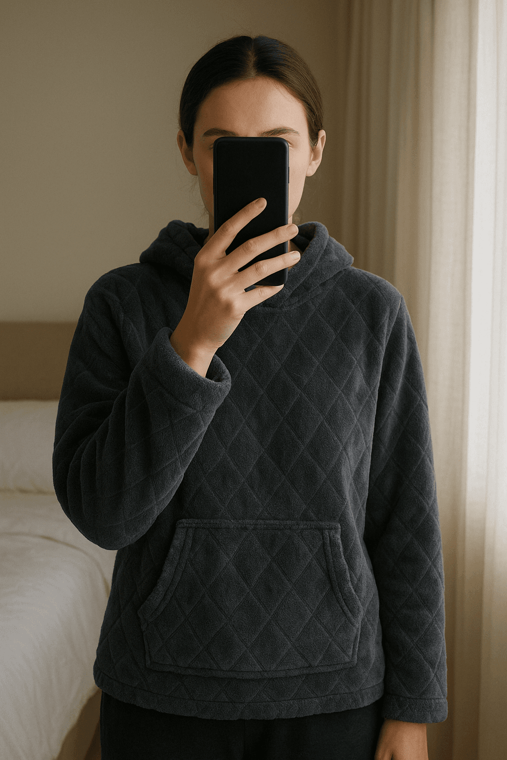 Warmer grauer Pyjama aufrecht stehend, der Kamera zugewandt, in einem sanft beleuchteten Schlafzimmer, mit natürlichem Licht, das durch ein Fenster fällt.