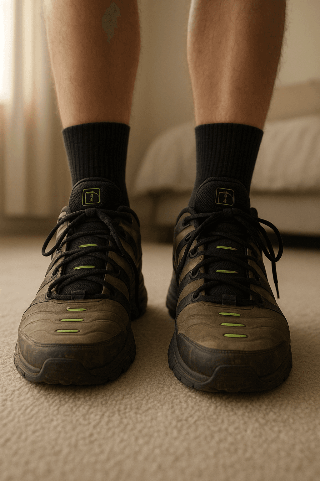 Nike Vapor Air Max plus mens UK7 standing straight facing the camera, in a softly lit bedroom setting, with gentle natural light filtering through a window.