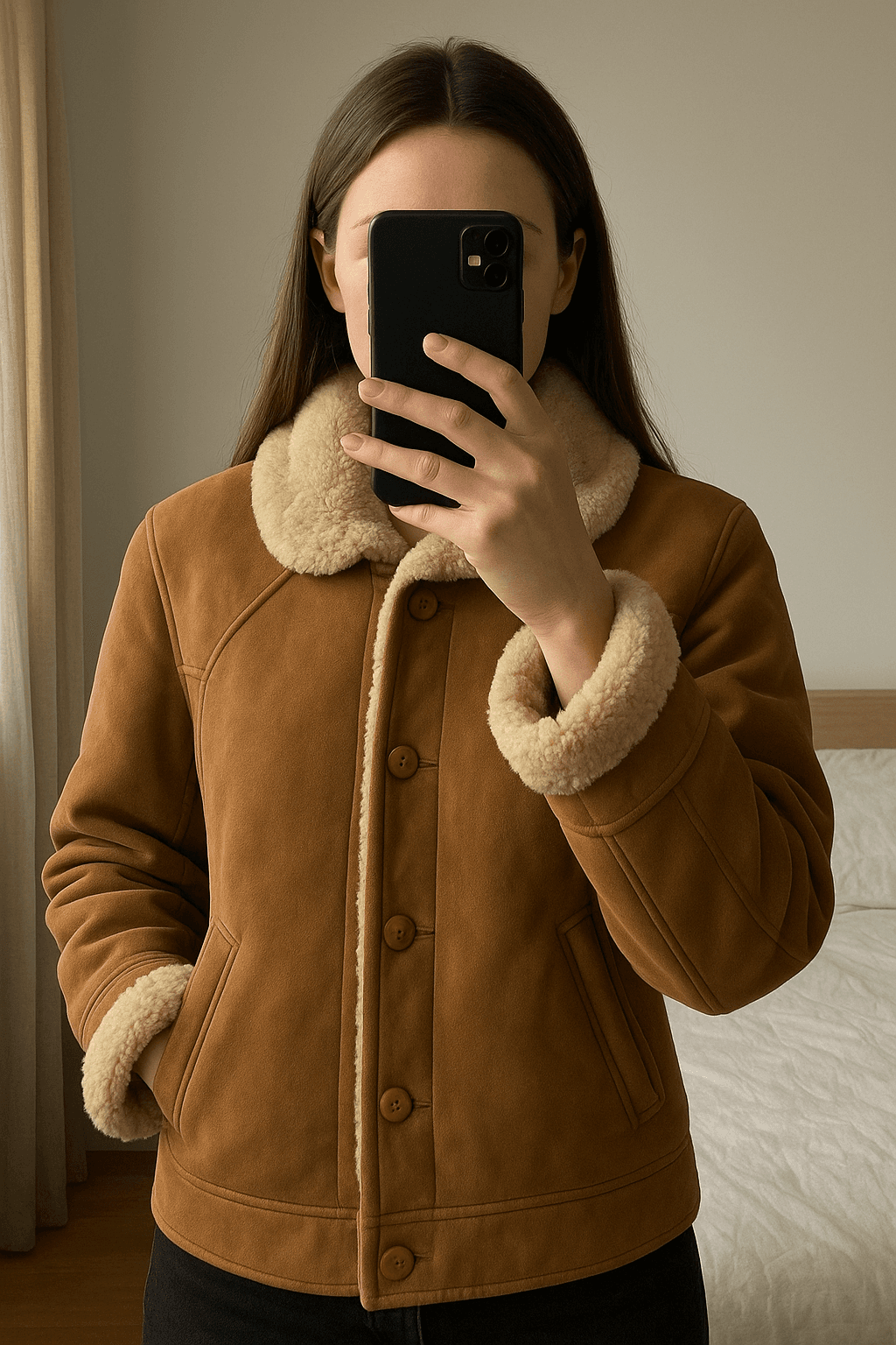 Montone Shearling in piedi, rivolto verso la fotocamera, in una camera da letto con luce soffusa e luce naturale che filtra dalla finestra.