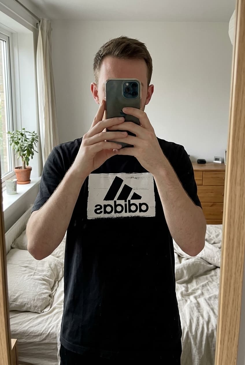 Une personne en T-shirt -manches courtes -Taille M debout, face à la caméra, dans une chambre à la lumière douce, avec une lumière naturelle filtrant par la fenêtre.