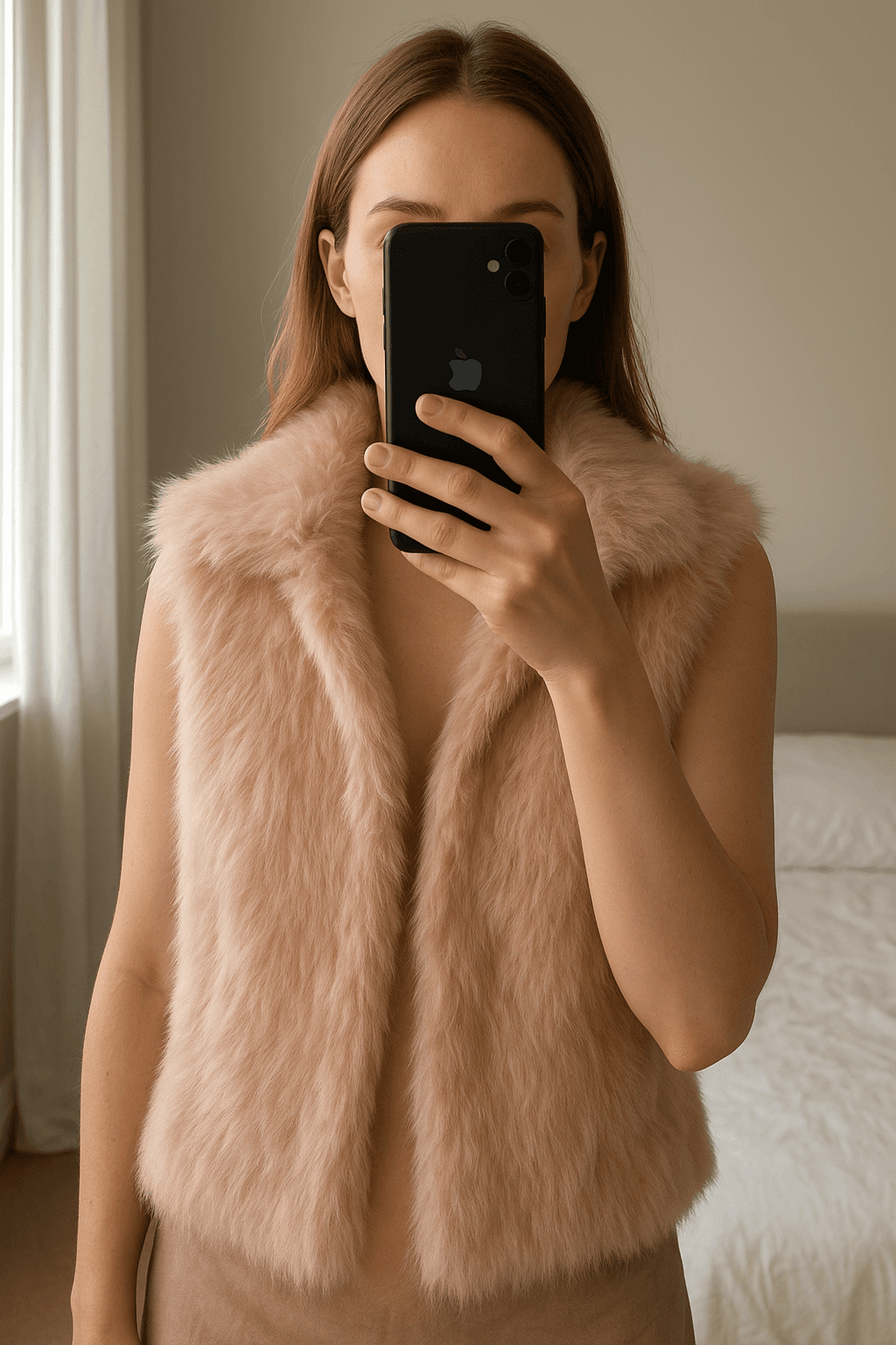 fur Gilet standing straight facing the camera, in a softly lit bedroom setting, with gentle natural light filtering through a window.