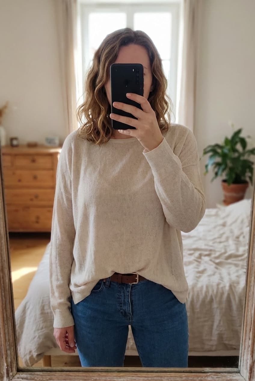 🌿 Tunique JDY - Taille XL debout, face à la caméra, dans une chambre à la lumière douce, avec une lumière naturelle filtrant par la fenêtre.