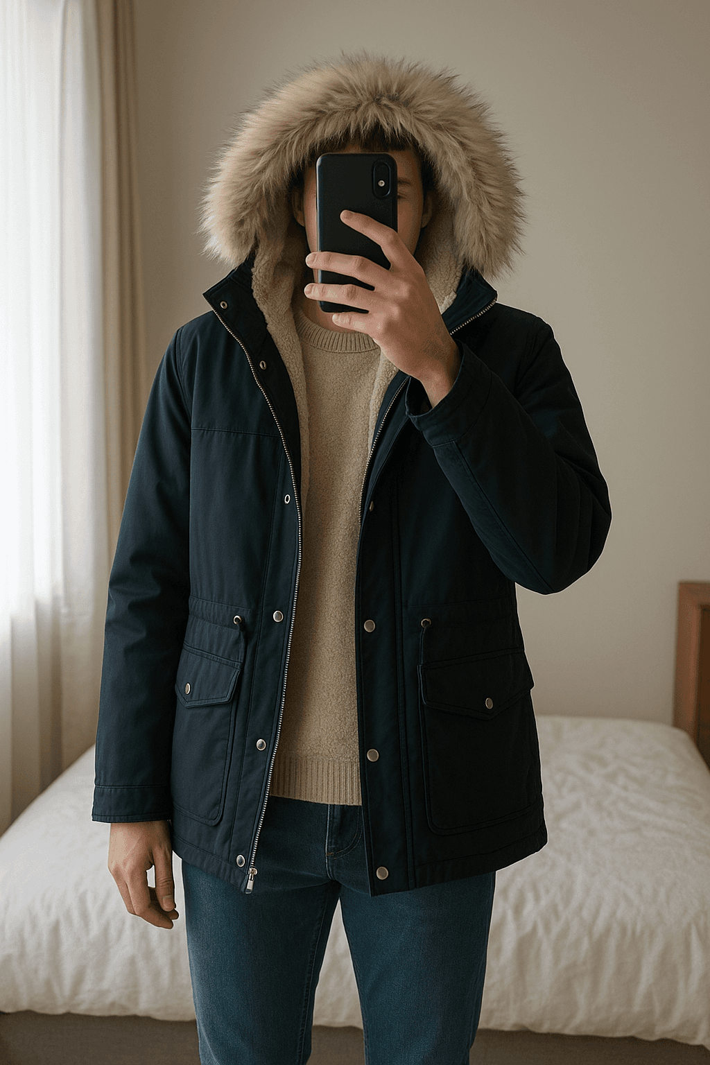 Giacca calda invernale zara in piedi, rivolto verso la fotocamera, in una camera da letto con luce soffusa e luce naturale che filtra dalla finestra.