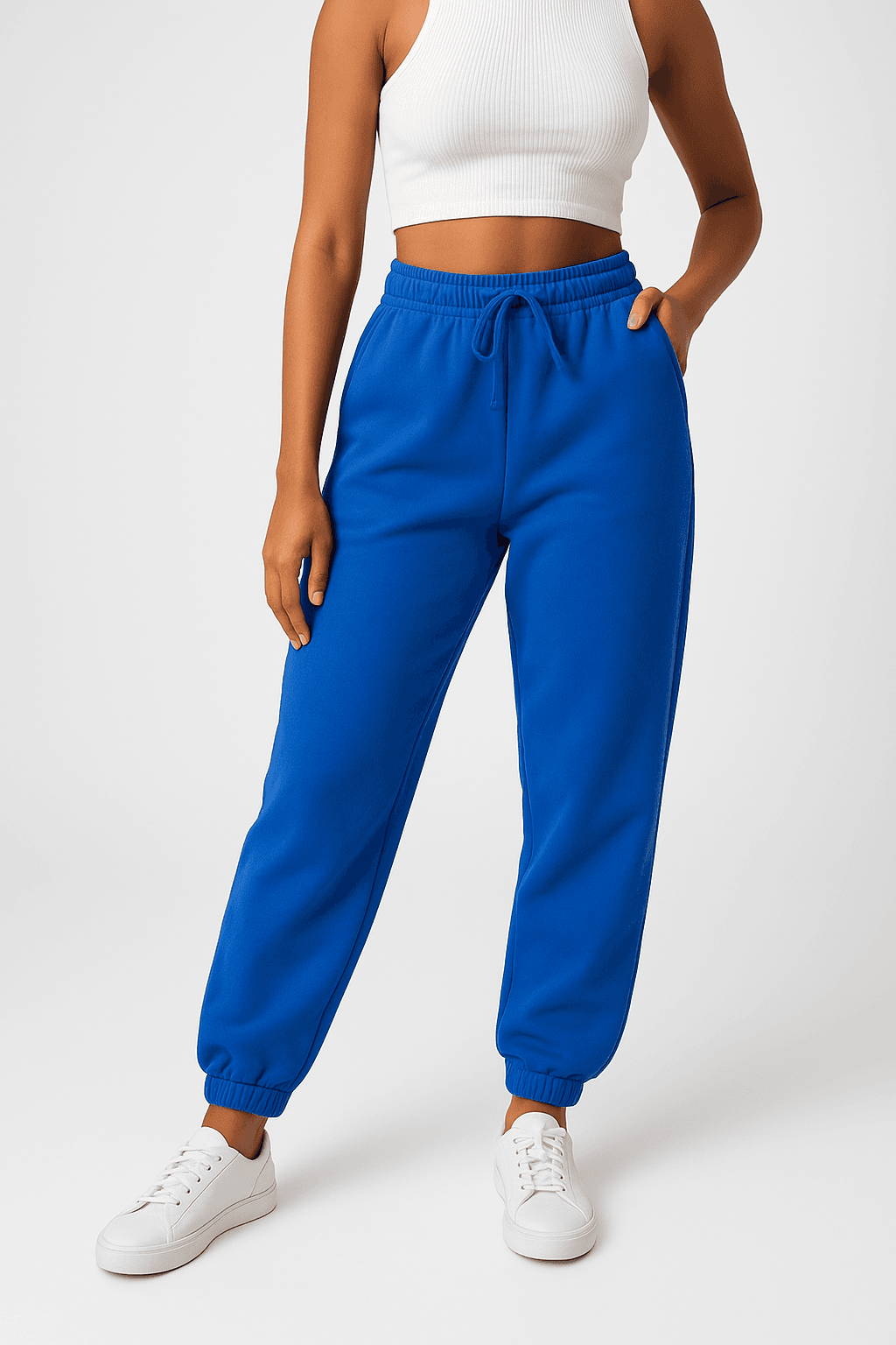 Una persona in Jogger blu elettrico donna inarcando leggermente la schiena per una posa dinamica, con corporatura snella, in uno studio fotografico pulito con sfondo bianco continuo e illuminazione softbox.