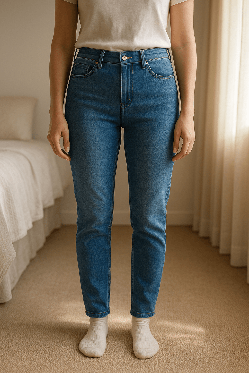 Vaquero pitillo de Amichi debout, face à la caméra, dans une chambre à la lumière douce, avec une lumière naturelle filtrant par la fenêtre.