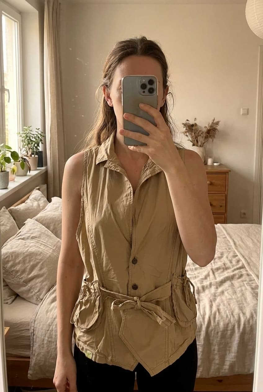 Not The Same T42 Neuf - Chemise beige sans manches col chemise boutons ceinture nouée debout, face à la caméra, dans une chambre à la lumière douce, avec une lumière naturelle filtrant par la fenêtre.