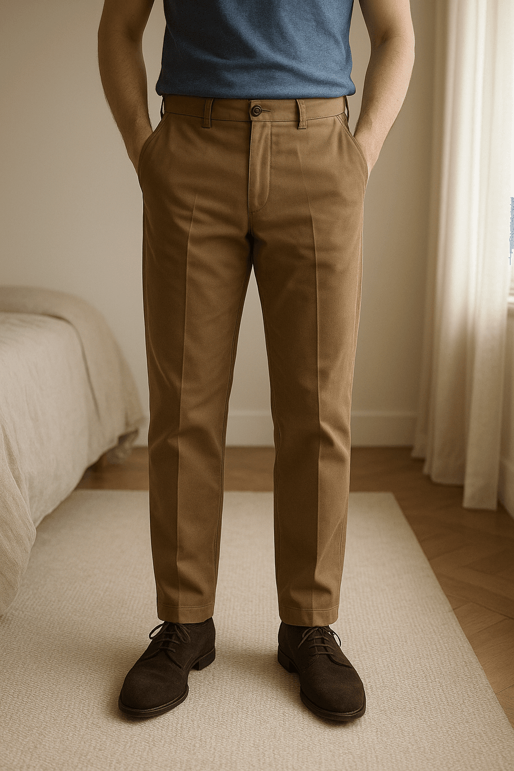 Pantaloni uomo Tommy Hilfiger marrone in piedi, rivolto verso la fotocamera, in una camera da letto con luce soffusa e luce naturale che filtra dalla finestra.