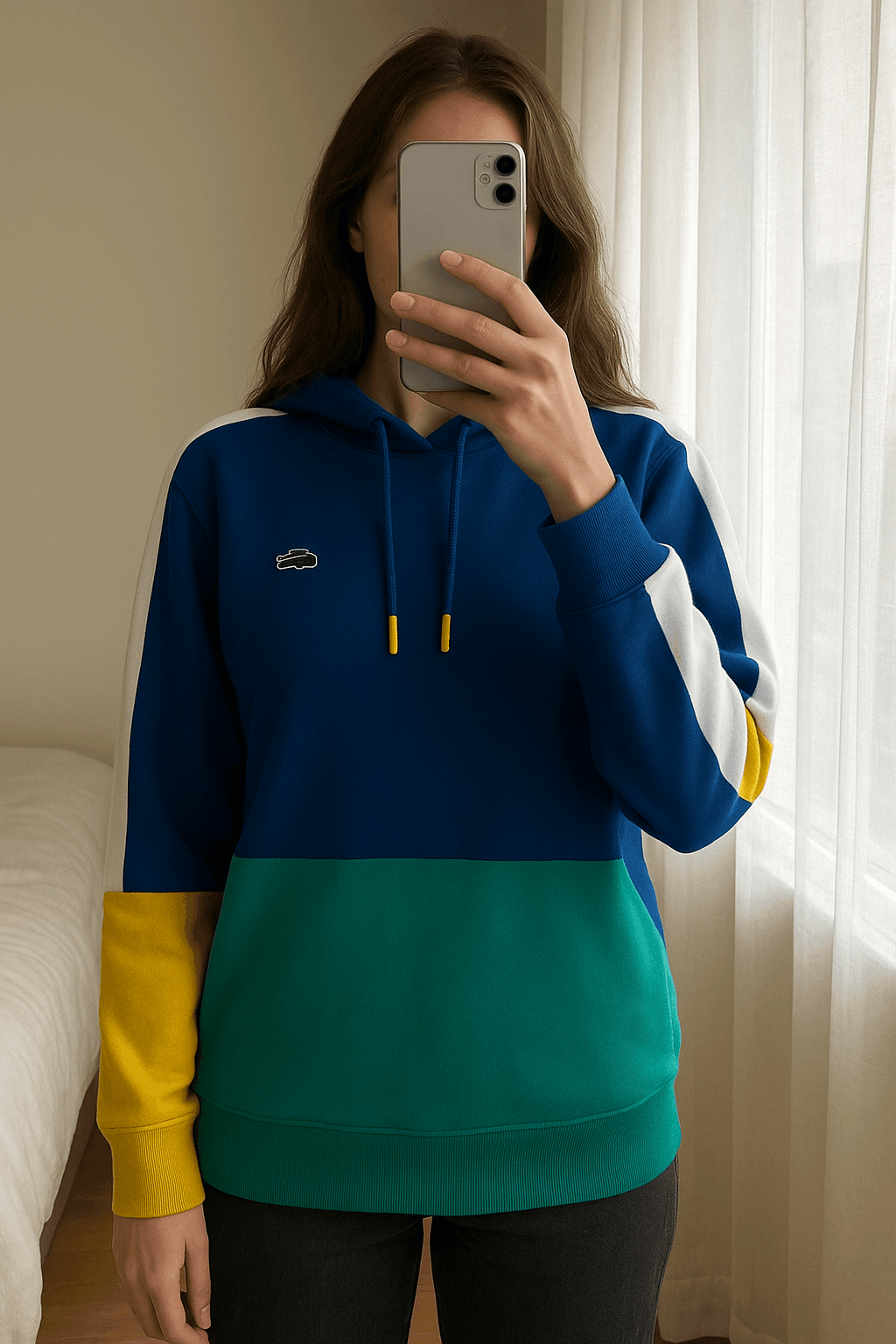 Lacoste Women's Colourblock Overhead Hoodie - Small ( 36 ) standing straight facing the camera, in a softly lit bedroom setting, with gentle natural light filtering through a window.