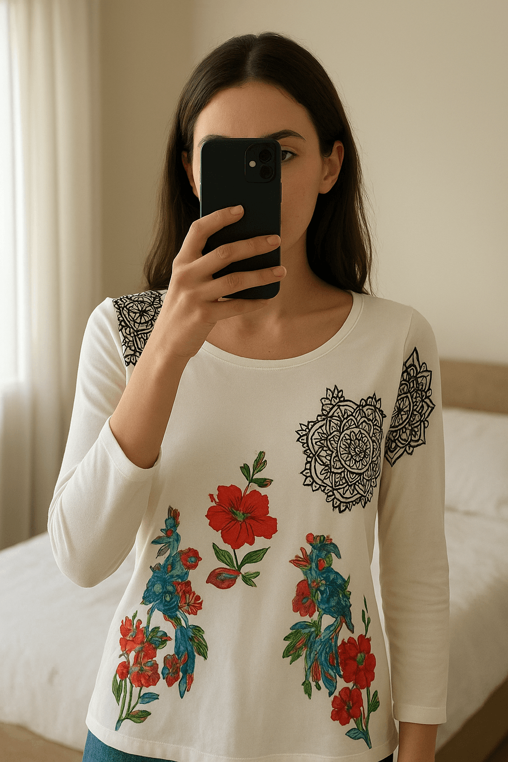 Desigual come nuova L in piedi, rivolto verso la fotocamera, in una camera da letto con luce soffusa e luce naturale che filtra dalla finestra.