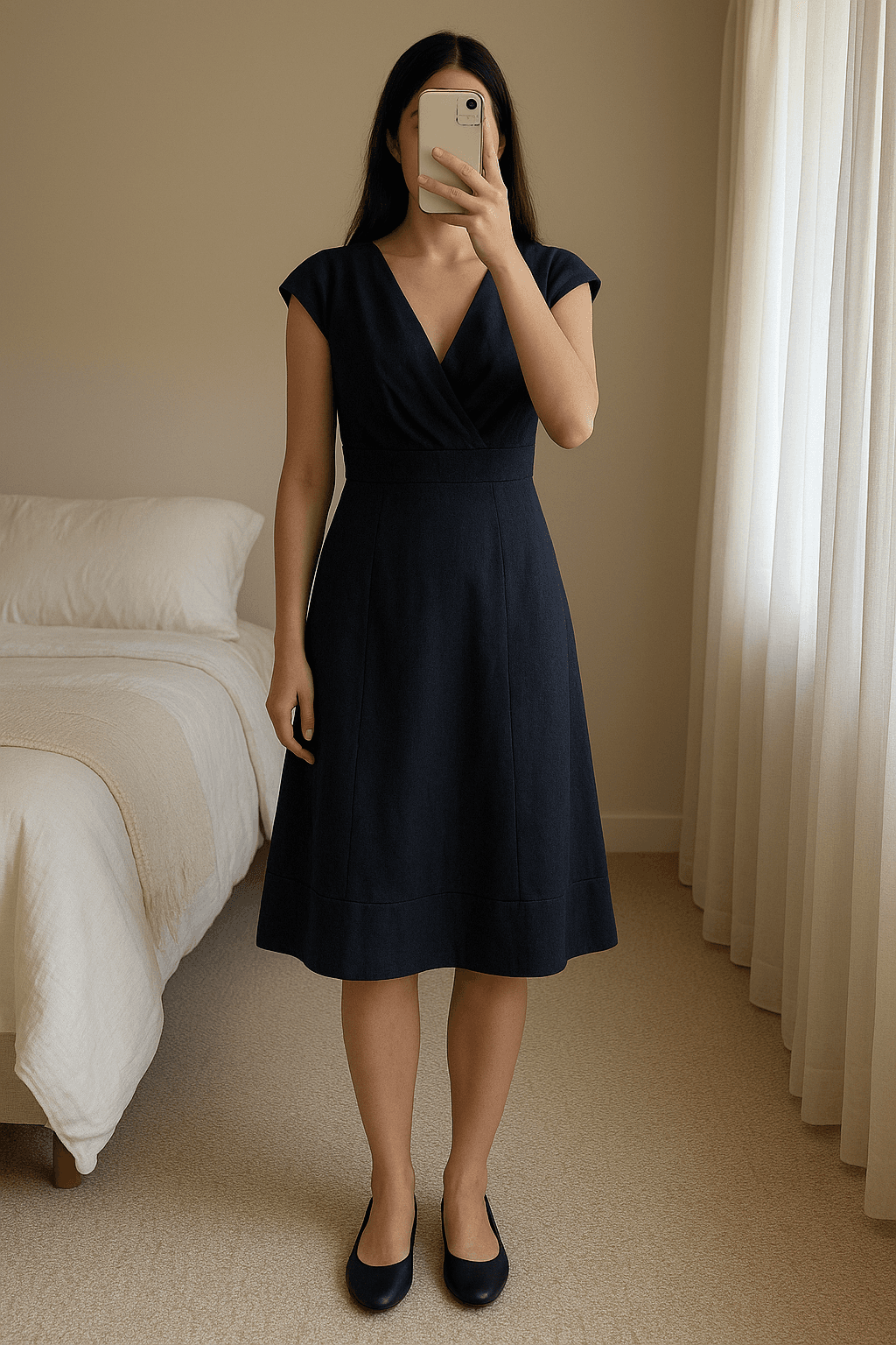 Abito Blu scuro Blunauta con scollo a V Made in Italy in piedi, rivolto verso la fotocamera, in una camera da letto con luce soffusa e luce naturale che filtra dalla finestra.