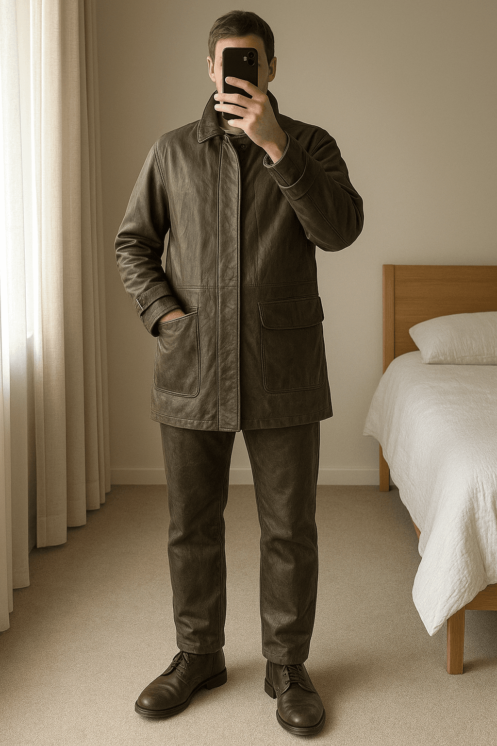 Vintage Ledermantel aufrecht stehend, der Kamera zugewandt, in einem sanft beleuchteten Schlafzimmer, mit natürlichem Licht, das durch ein Fenster fällt.