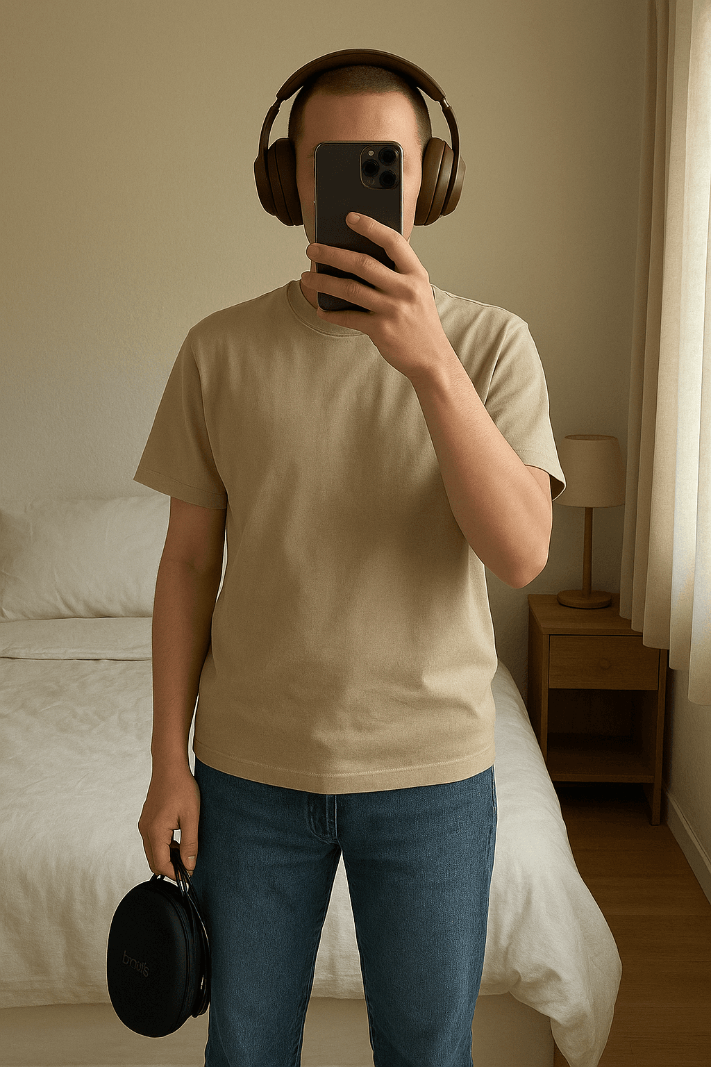 Cuffie Apple Beats Studio Pro x Kim Kardashian Edizione Limitata in piedi, rivolto verso la fotocamera, in una camera da letto con luce soffusa e luce naturale che filtra dalla finestra.