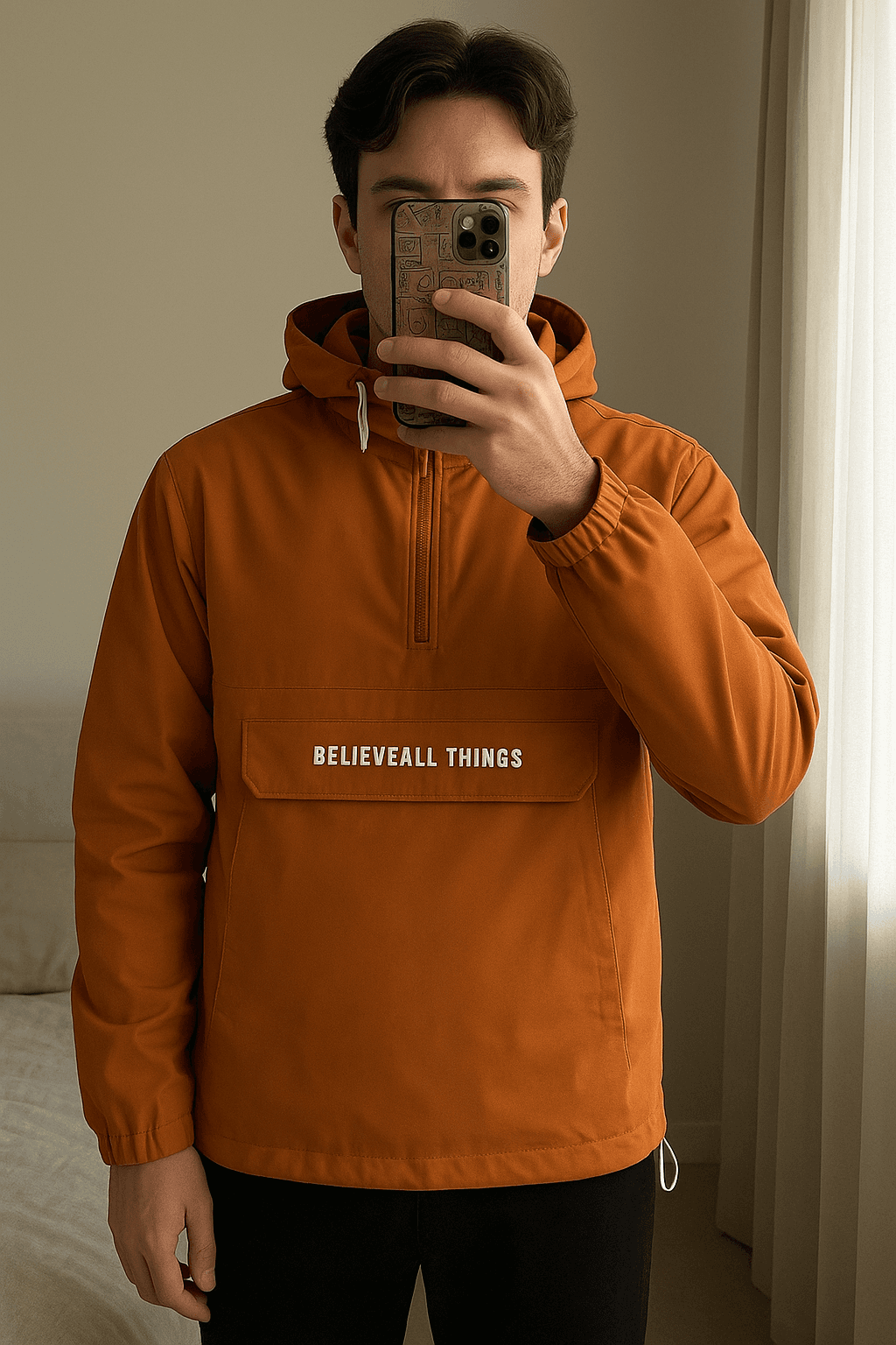 Giacca anti pioggia con scritta in piedi, rivolto verso la fotocamera, in una camera da letto con luce soffusa e luce naturale che filtra dalla finestra.