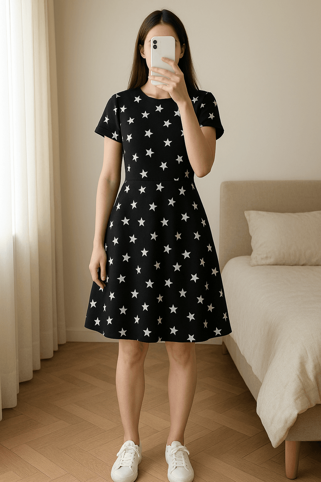 Vestito nero Imperial con stelle bianche in piedi, rivolto verso la fotocamera, in una camera da letto con luce soffusa e luce naturale che filtra dalla finestra.