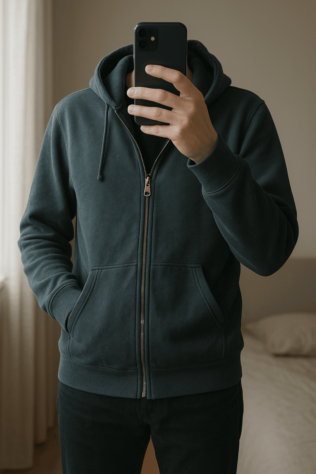 Sweat chaud noir pour hivers, décathlon, tres bon etat debout, face à la caméra, dans une chambre à la lumière douce, avec une lumière naturelle filtrant par la fenêtre.