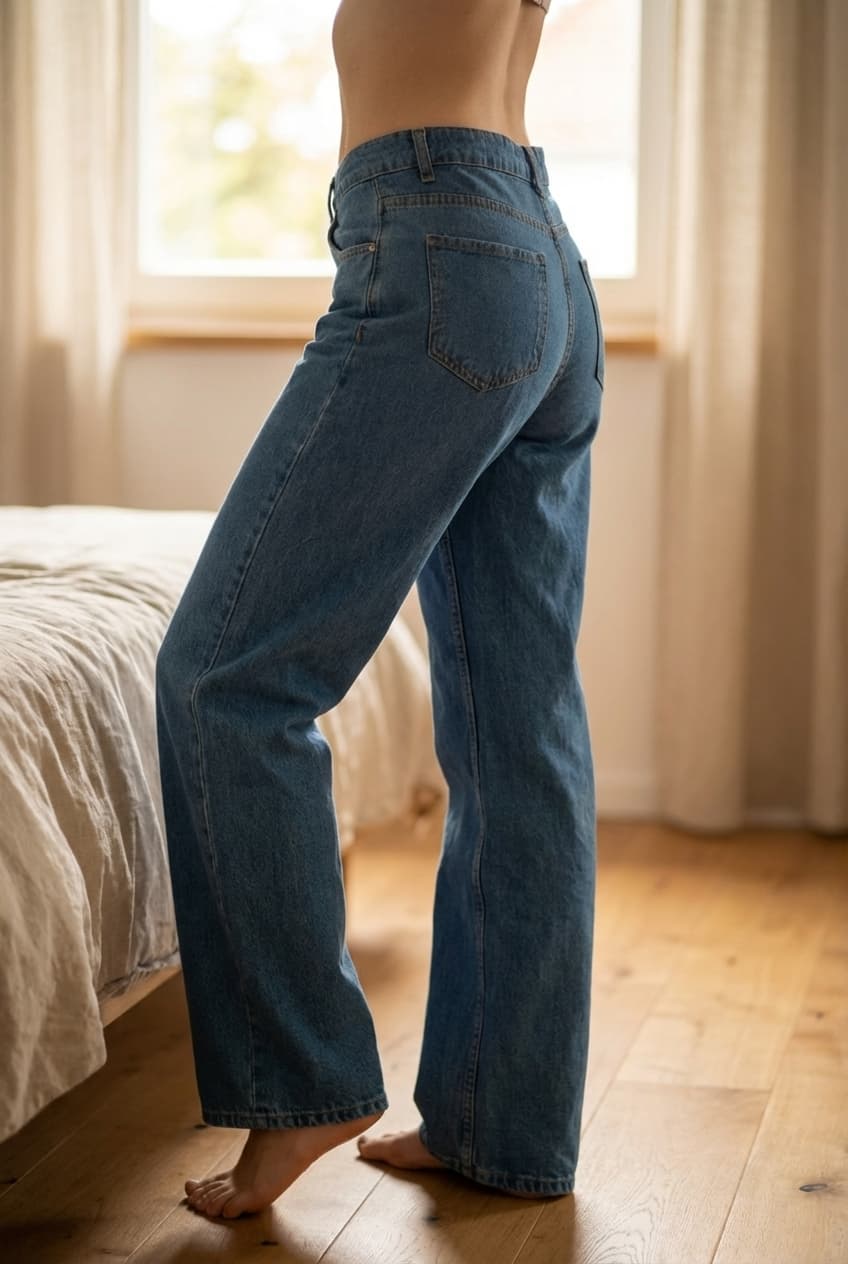 Une personne en Jean large coupe droite cambrant légèrement le dos pour une pose dynamique, avec une silhouette fine, dans une chambre à la lumière douce, avec une lumière naturelle filtrant par la fenêtre.