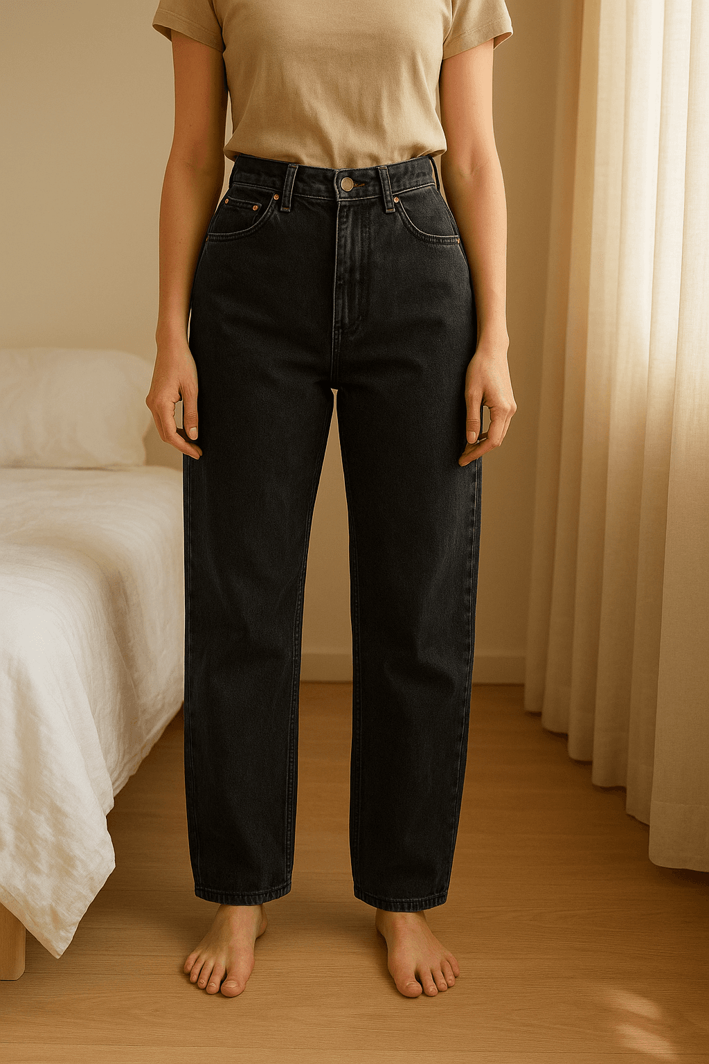 👖🖤jeans vintage nero a vita alta modello Mom Fit,Pull&bear-taglia 40 -comoda veste anche 42 in piedi, rivolto verso la fotocamera, in una camera da letto con luce soffusa e luce naturale che filtra dalla finestra.