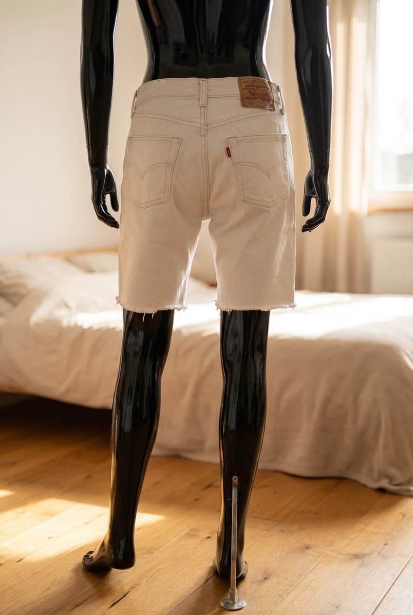 un mannequin noir brillant en plastique, sans traits du visage en Short Levi’s blanc - Taille W30 debout, face à la caméra, dans une chambre à la lumière douce, avec une lumière naturelle filtrant par la fenêtre.