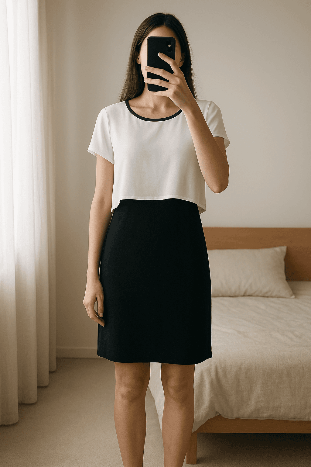 Tubino nero con magliettina cropped trasparente in piedi, rivolto verso la fotocamera, in una camera da letto con luce soffusa e luce naturale che filtra dalla finestra.