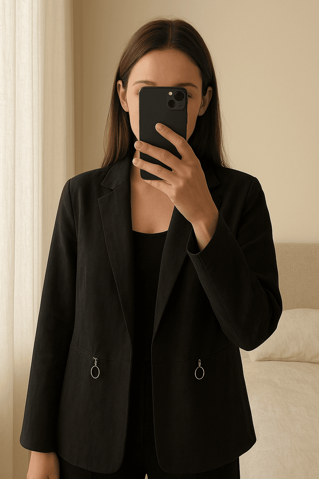 Giacca Blazer oversize/curvy in camoscio in piedi, rivolto verso la fotocamera, in una camera da letto con luce soffusa e luce naturale che filtra dalla finestra.