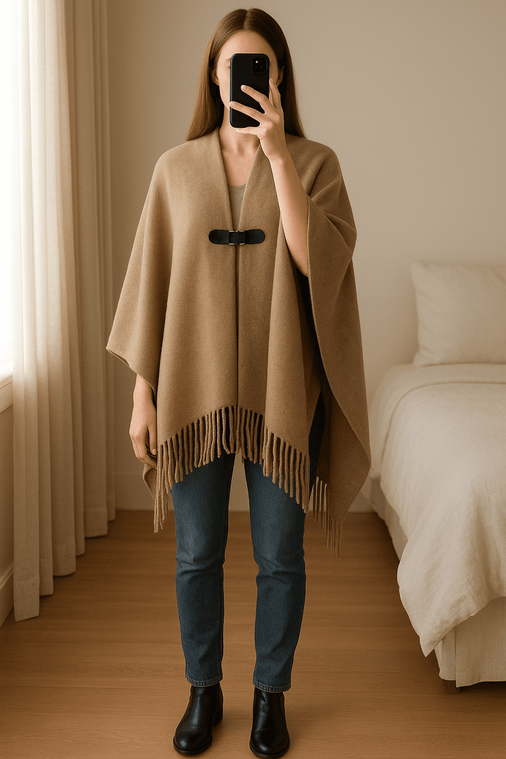 Grande scialle poncho Primark nuovo color cammello in piedi, rivolto verso la fotocamera, in una camera da letto con luce soffusa e luce naturale che filtra dalla finestra.