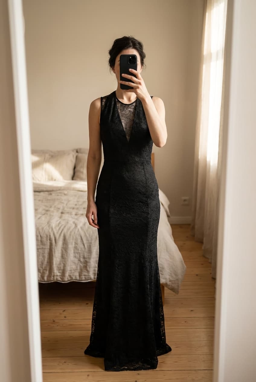 Sublime robe de soirée debout, face à la caméra, dans une chambre à la lumière douce, avec une lumière naturelle filtrant par la fenêtre.