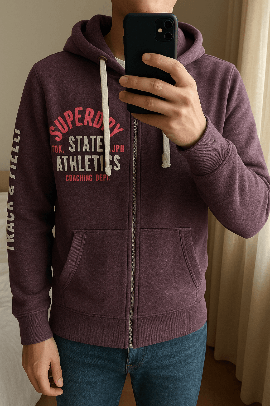 Purple Superdry Zip Hoodie standing straight facing the camera, in a softly lit bedroom setting, with gentle natural light filtering through a window.