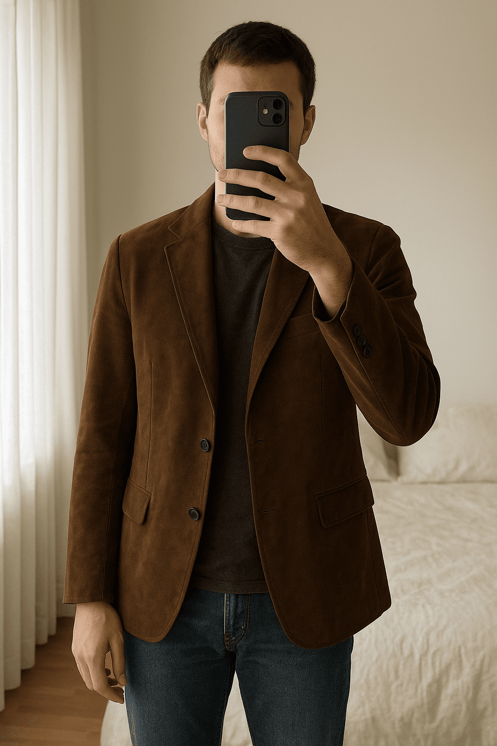 Giacca marrone in piedi, rivolto verso la fotocamera, in una camera da letto con luce soffusa e luce naturale che filtra dalla finestra.