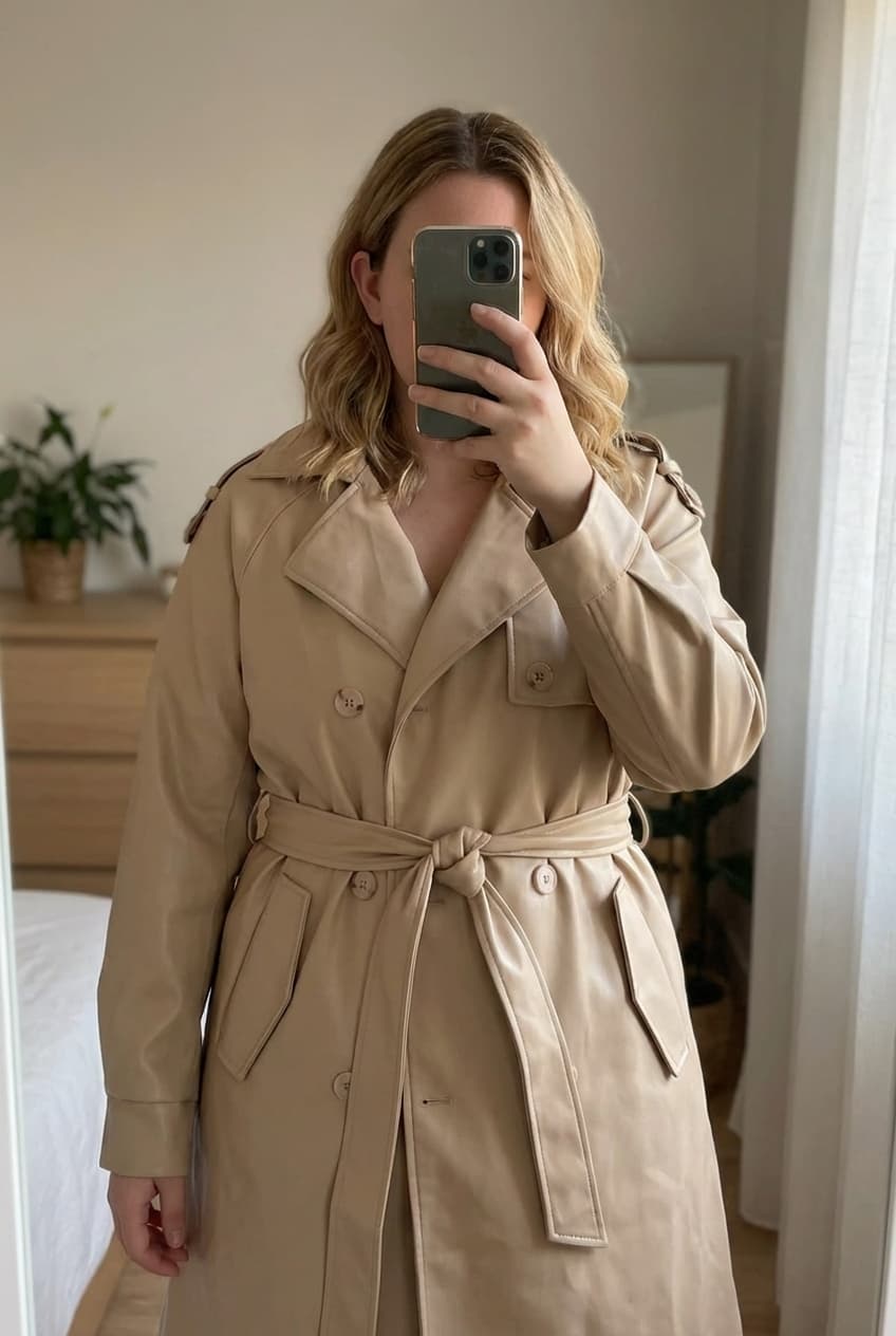 Une personne en Veste / Manteau en simili cuir debout, face à la caméra, avec une silhouette légèrement plus ronde, dans une chambre à la lumière douce, avec une lumière naturelle filtrant par la fenêtre.