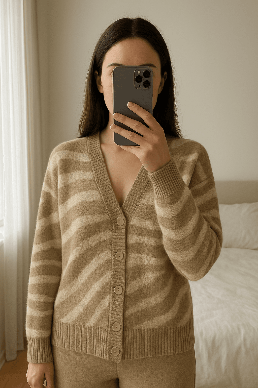 Moocci Paris Strickjacke | Einheitsgröße S-XL aufrecht stehend, der Kamera zugewandt, in einem sanft beleuchteten Schlafzimmer, mit natürlichem Licht, das durch ein Fenster fällt.