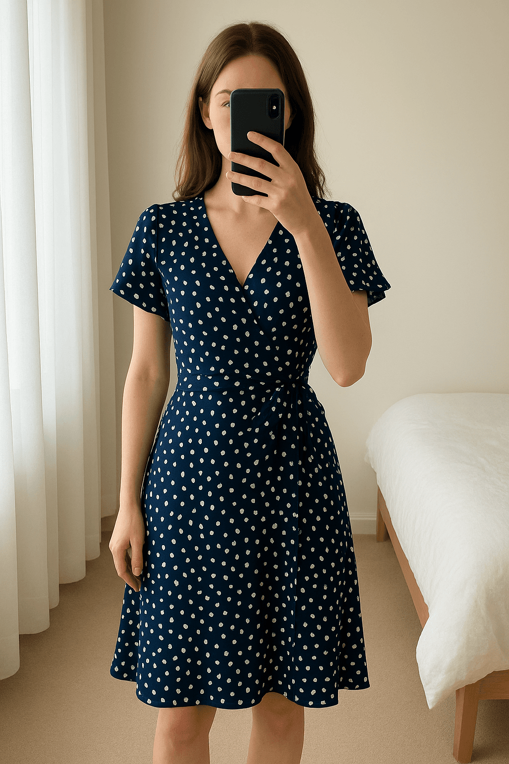 Blue spotted dress standing straight facing the camera, in a softly lit bedroom setting, with gentle natural light filtering through a window.