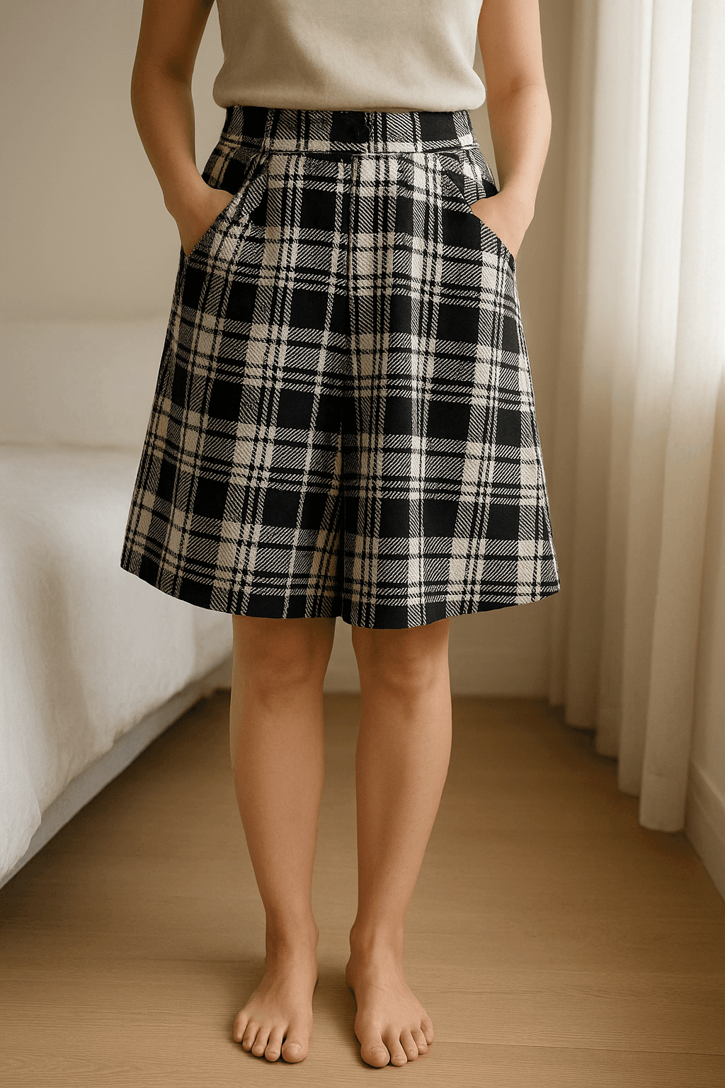 Black and white skirt standing straight facing the camera, in a softly lit bedroom setting, with gentle natural light filtering through a window.