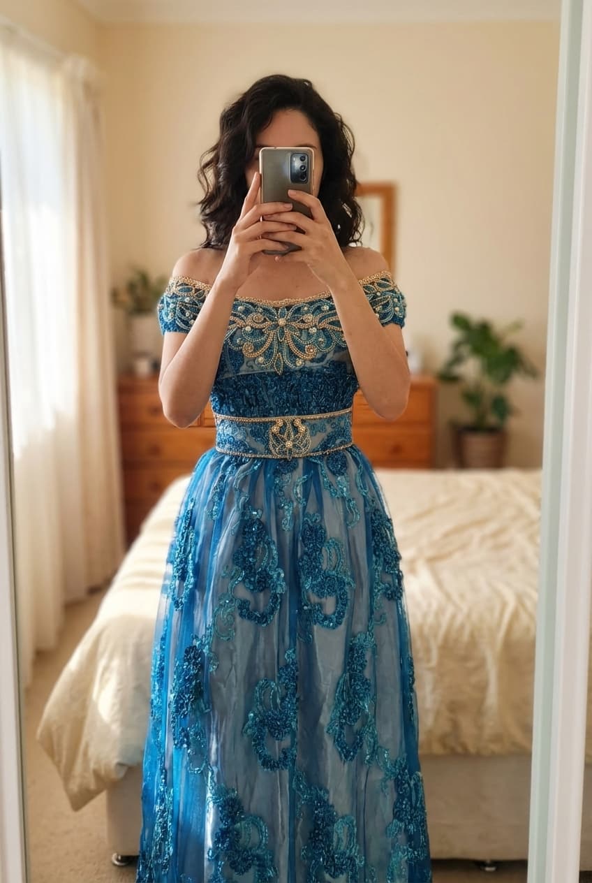 Blouza debout, face à la caméra, dans une chambre à la lumière douce, avec une lumière naturelle filtrant par la fenêtre.