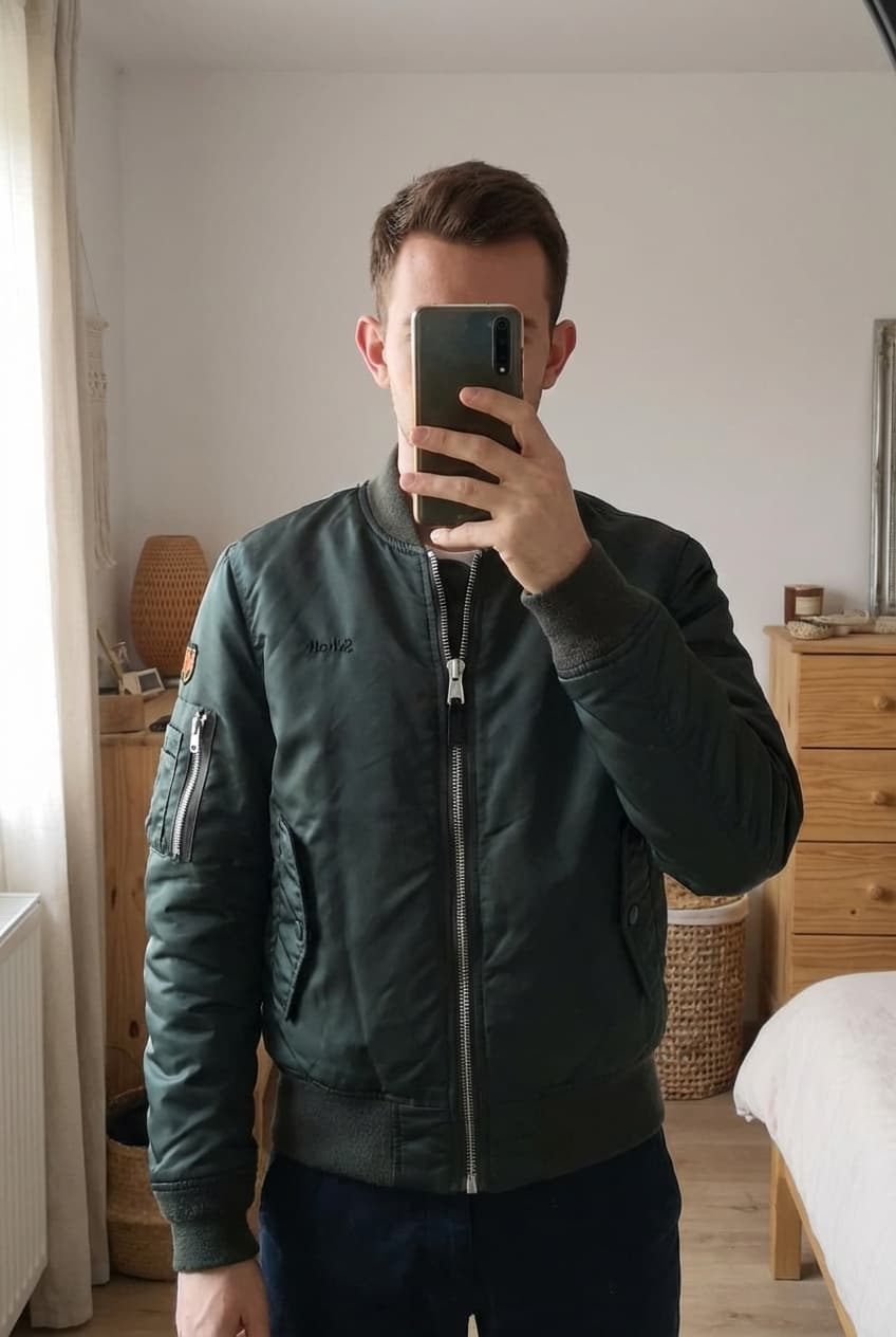 Bombers Schott vert debout, face à la caméra, dans une chambre à la lumière douce, avec une lumière naturelle filtrant par la fenêtre.