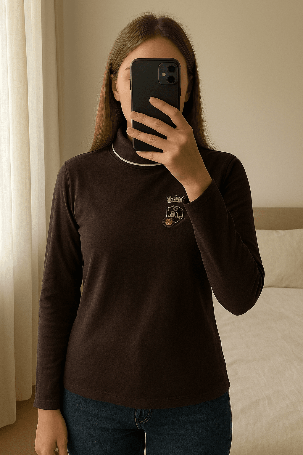 Warme Bruine coltrui - Mc Gregor - maat XL - goed debout, face à la caméra, dans une chambre à la lumière douce, avec une lumière naturelle filtrant par la fenêtre.