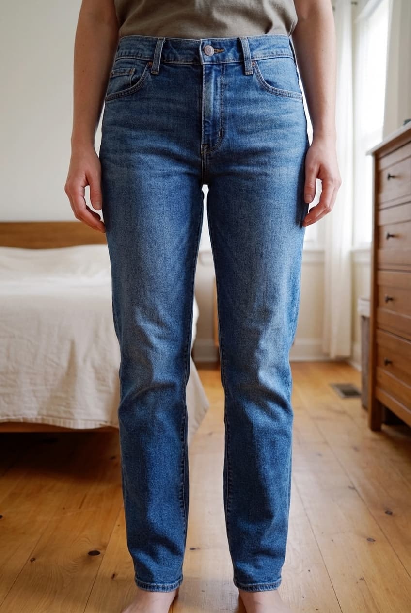 Une personne en Levi's 216 debout, face à la caméra, dans une chambre à la lumière douce, avec une lumière naturelle filtrant par la fenêtre.