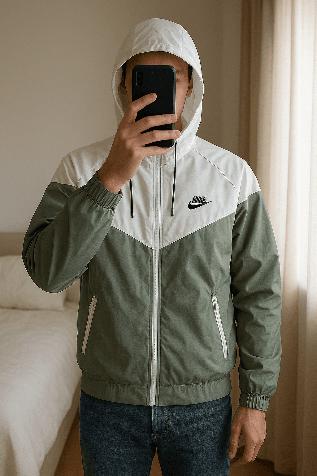 Nike Sportswear Windrunner Men's Hooded Jacket - Size M em pé, de frente para a câmera, em um quarto com iluminação suave e luz natural filtrando pela janela.