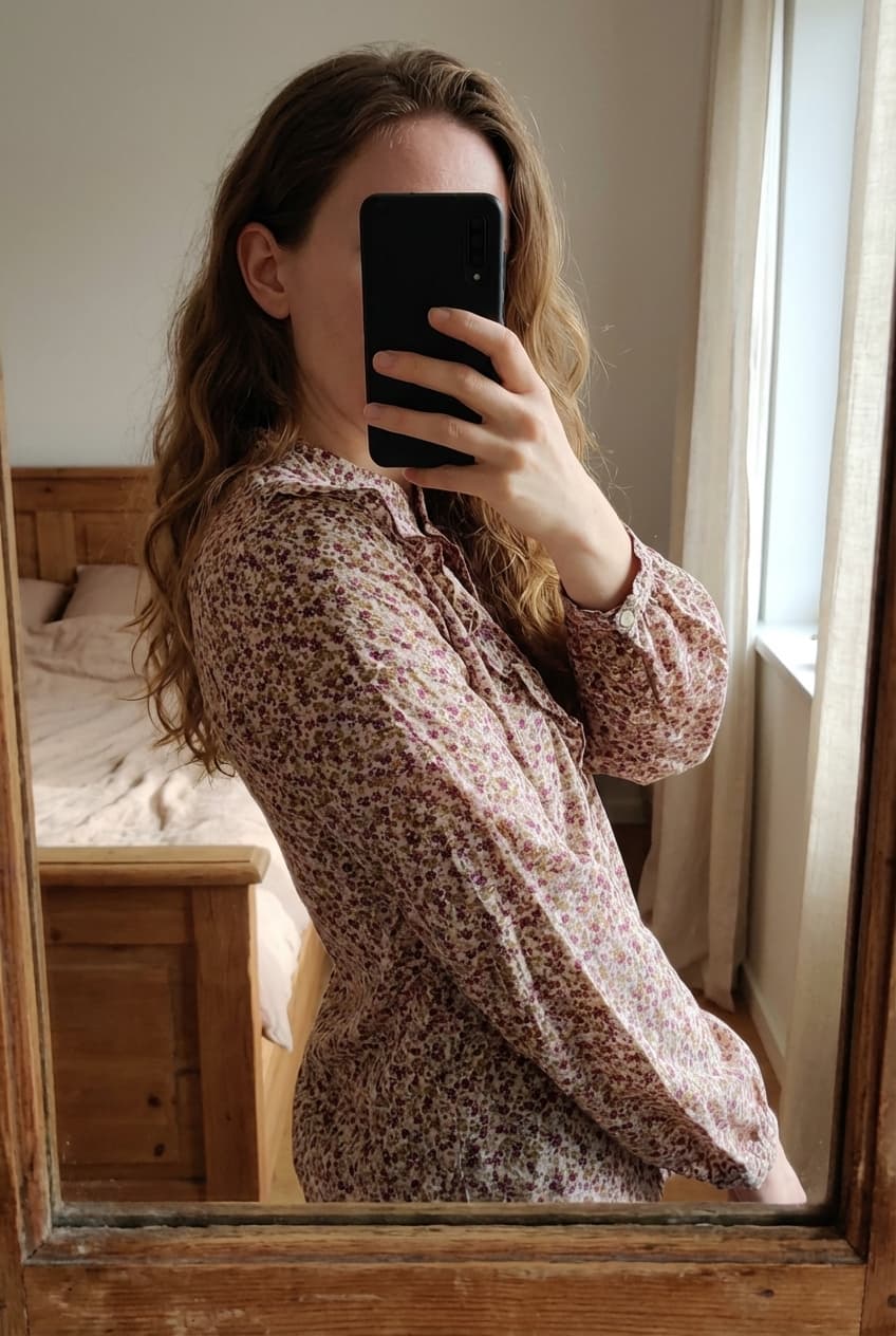 Une personne en Tunique fille 10 ans – Fleurs rose, bordeaux et kaki 🌸 cambrant légèrement le dos pour une pose dynamique, avec une silhouette fine, dans une chambre à la lumière douce, avec une lumière naturelle filtrant par la fenêtre.