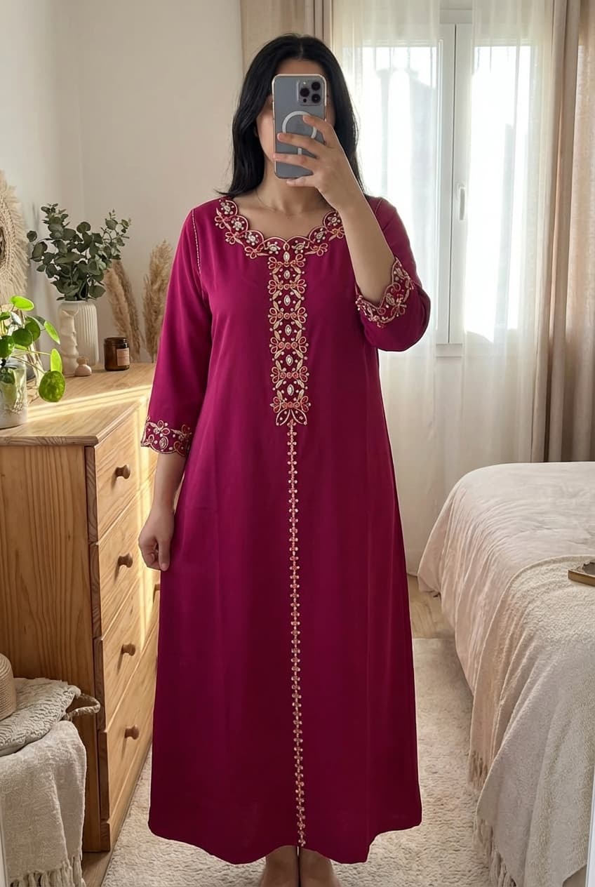 Magnifique robe oriental col bateau debout, face à la caméra, dans une chambre à la lumière douce, avec une lumière naturelle filtrant par la fenêtre.