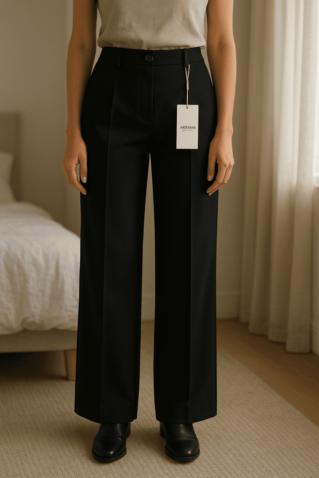 Vintage Armani Collezioni - Black Wide Leg Trousers IT 40 / EU 36 in piedi, rivolto verso la fotocamera, in una camera da letto con luce soffusa e luce naturale che filtra dalla finestra.