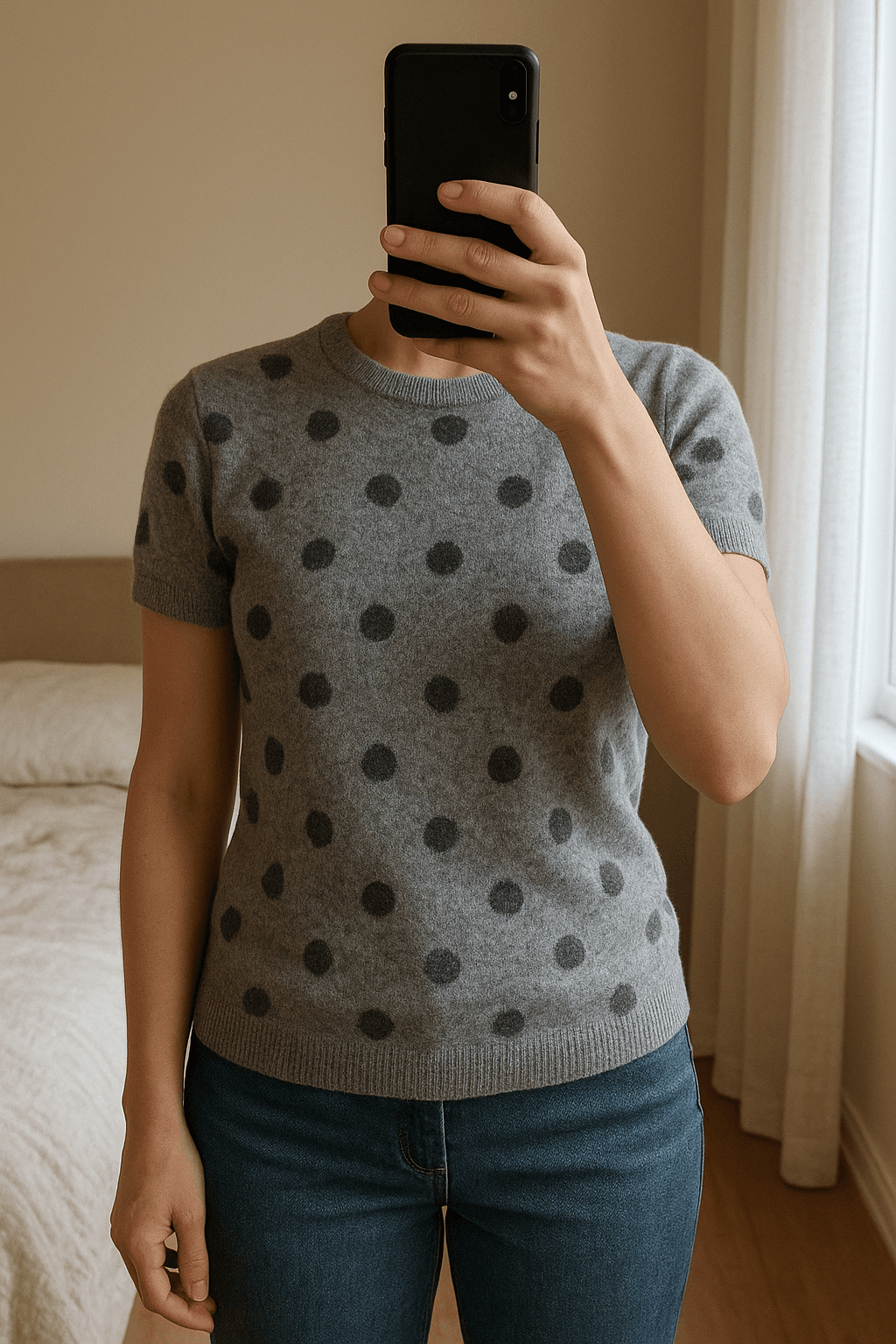 Nieuwe Merino/Cashmere wollen trui - Terre Bleue - Maat 36 debout, face à la caméra, dans une chambre à la lumière douce, avec une lumière naturelle filtrant par la fenêtre.