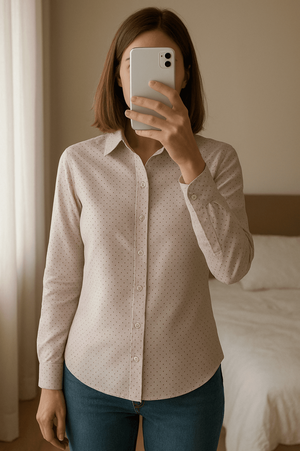 Camicia Conte of Florence a maniche lunghe con micro-pois in piedi, rivolto verso la fotocamera, in una camera da letto con luce soffusa e luce naturale che filtra dalla finestra.